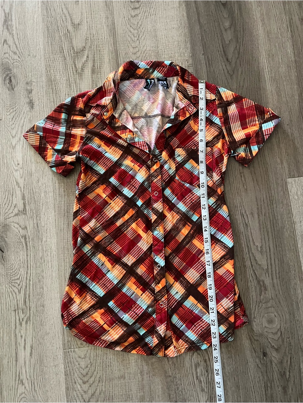 Weavers Vintage Plaid Short-Sleeve Button-Down Shirt - Red, Orange, Turquoise - Picture 6 of 8